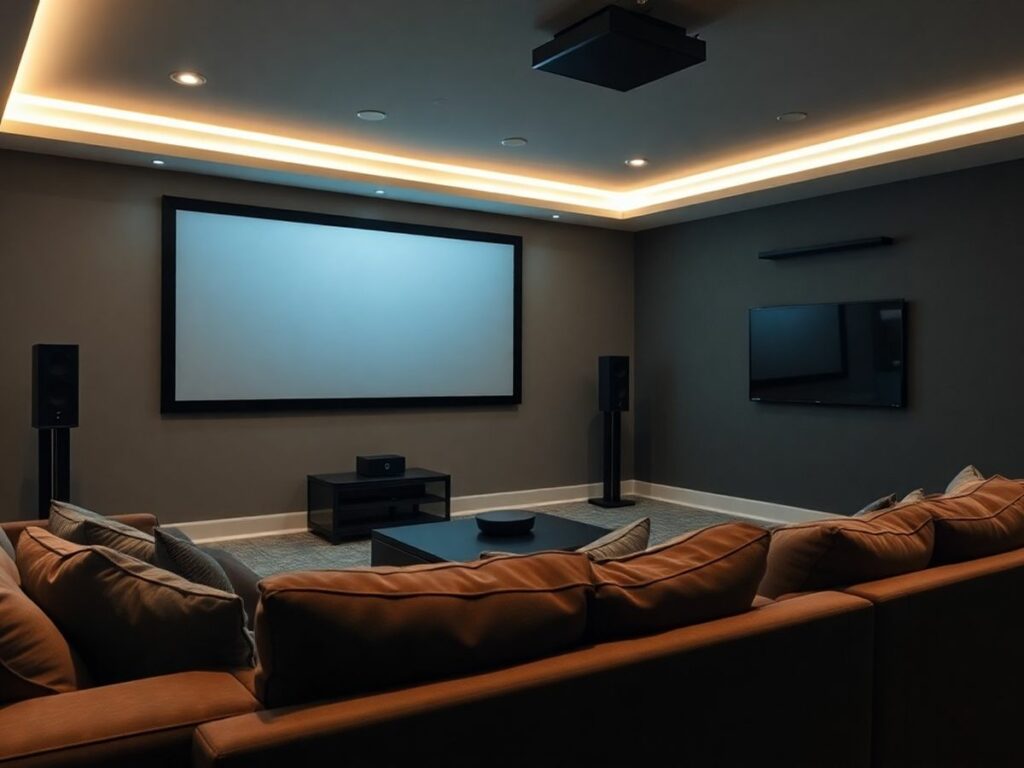 sala de cinema em casa com sofás confortáveis