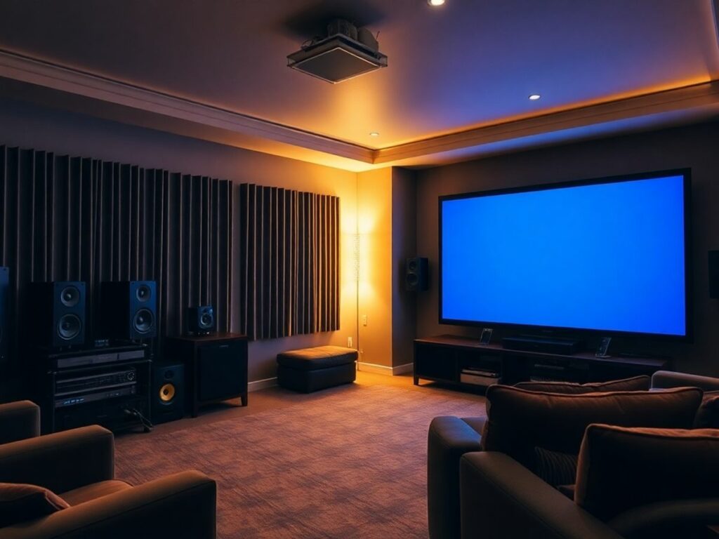 Sistema de home theater com tela grande e assentos confortáveis.