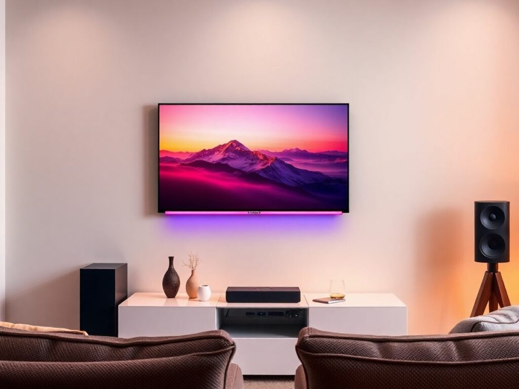 Configuração de entretenimento em casa da Samsung com TV moderna.