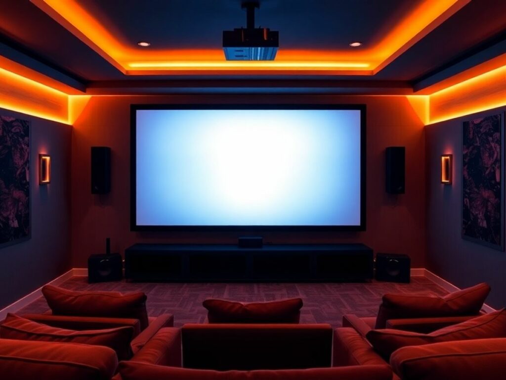 Imagem de um moderno home theater com iluminação suave.