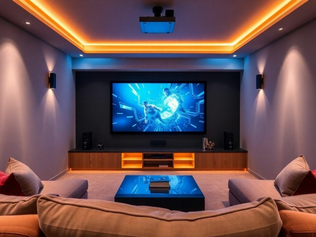 Configuração de home theater com TV e assentos confortáveis.