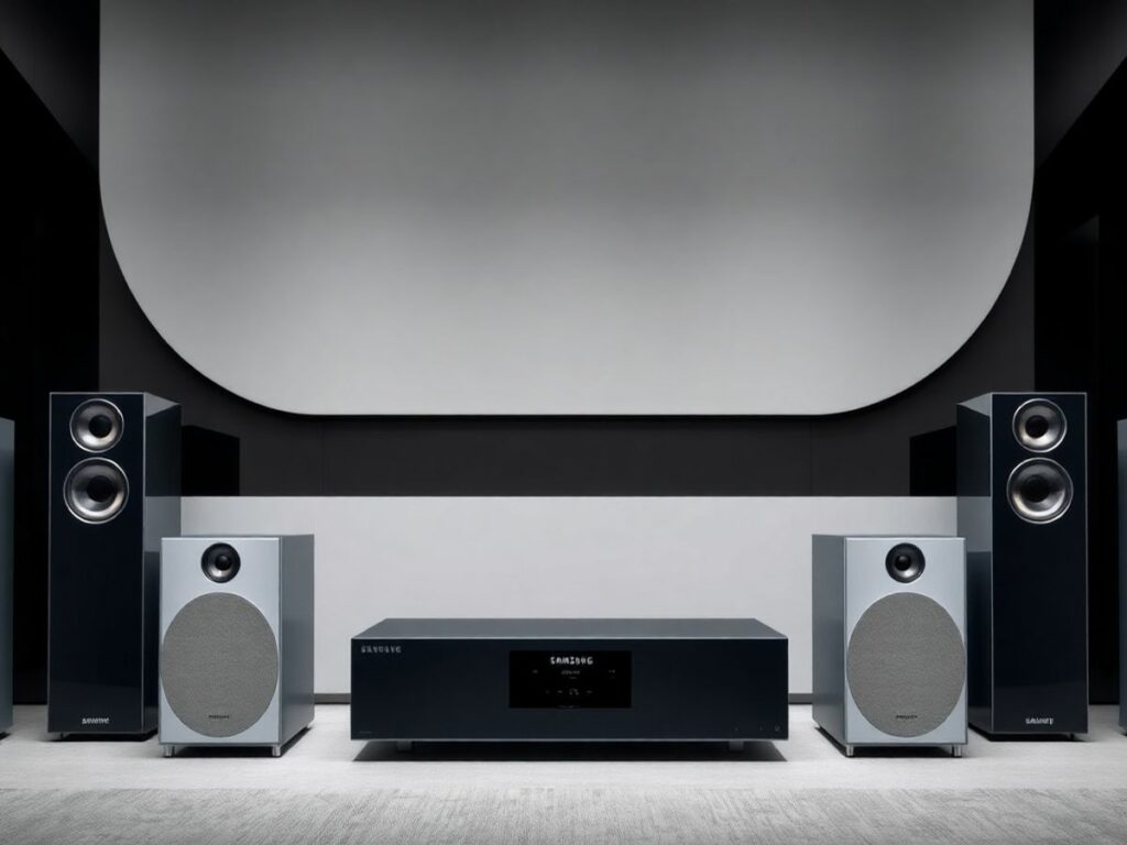 Sistema de home theater Samsung com alto-falantes elegantes.