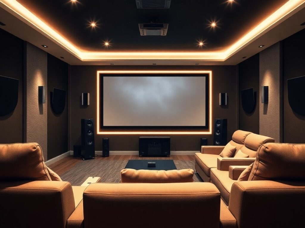 Equipamento moderno de home theater com tela grande.