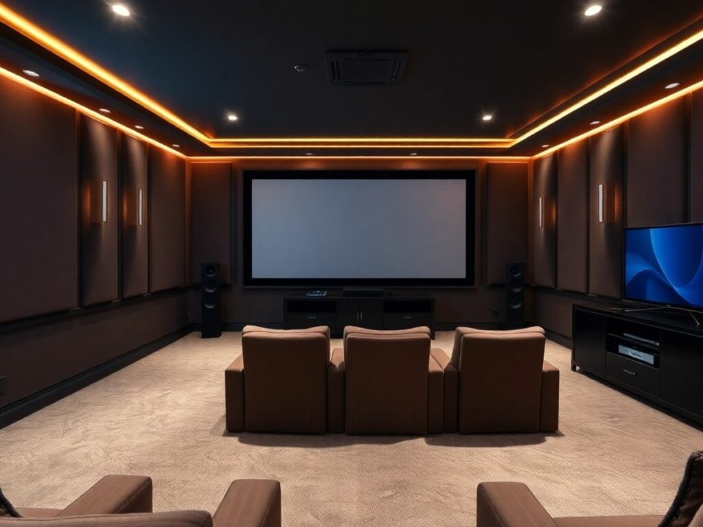 Sala de cinema em casa com tela grande e conforto.