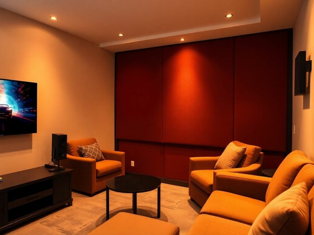 Sala de cinema em casa aconchegante e pequena.