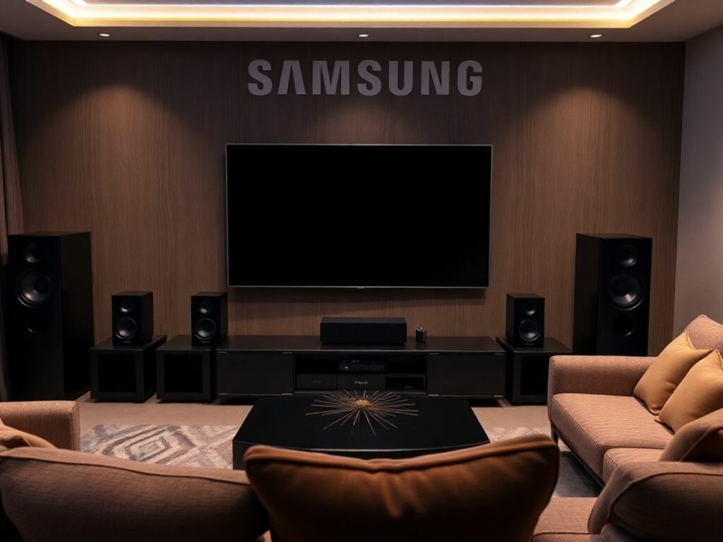 Sistema de cinema em casa da Samsung com TV e alto-falantes.