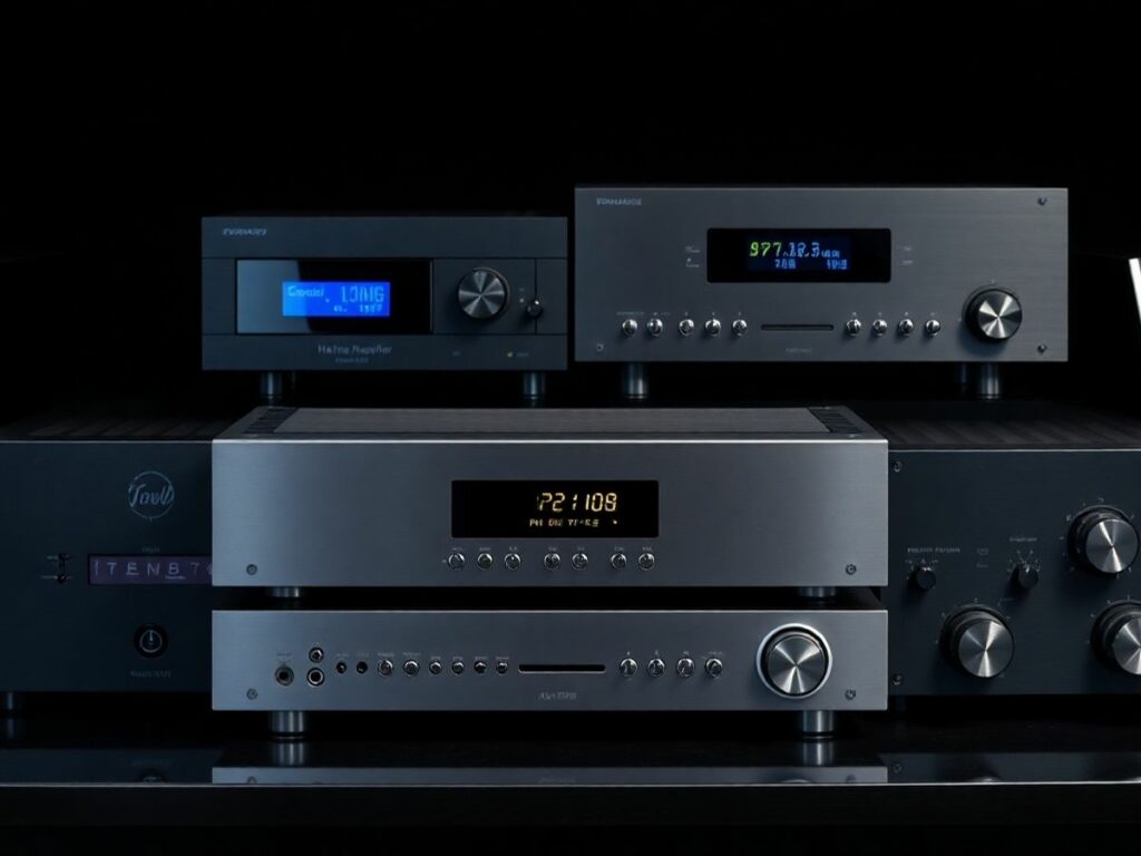 Amplificadores modernos para home theater em exibição.