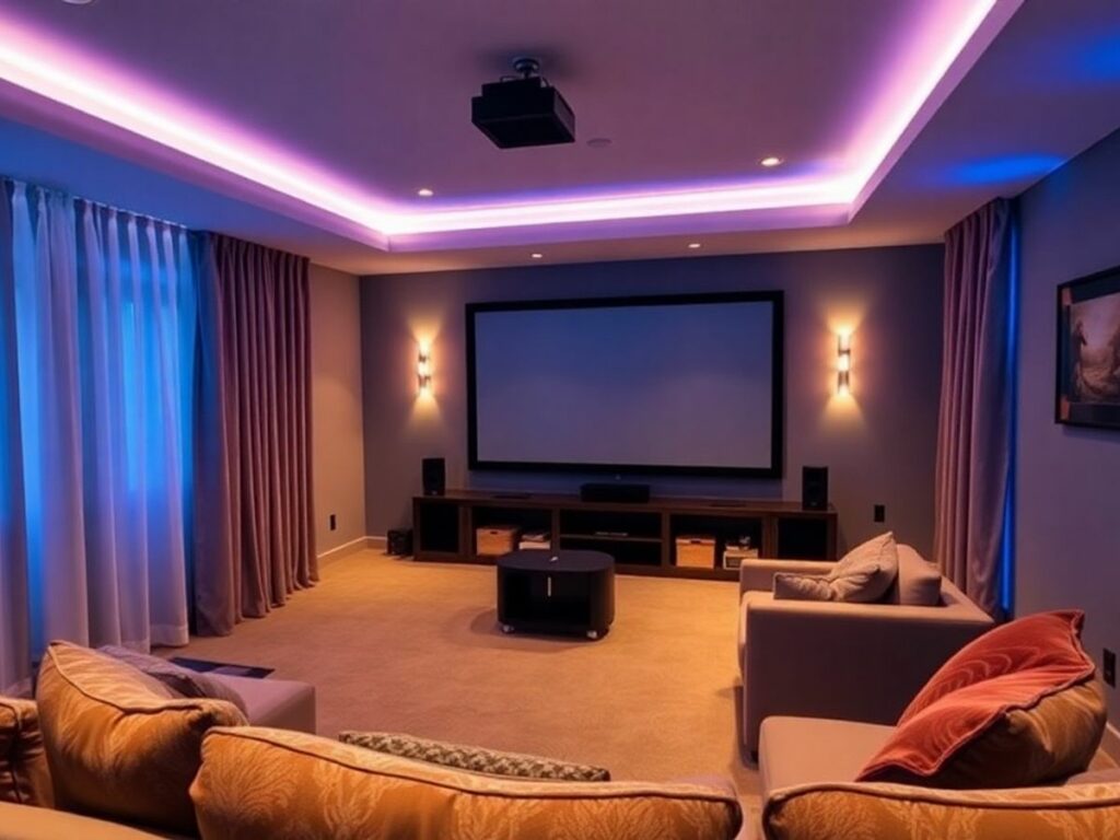 Sala de cinema em casa com sofá e tela grande.