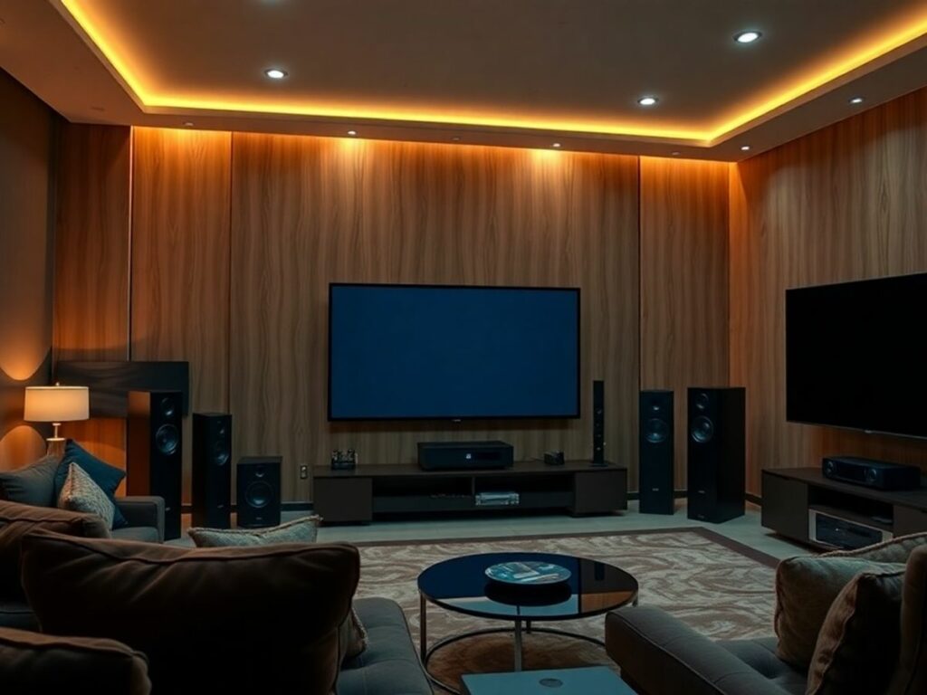 Modelos de home theater em ambiente moderno e aconchegante.