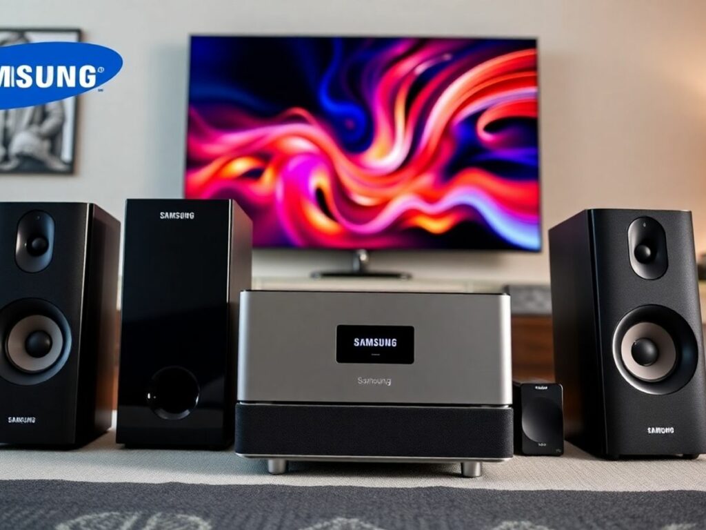 Sistema de home theater Bluetooth da Samsung em ambiente moderno.