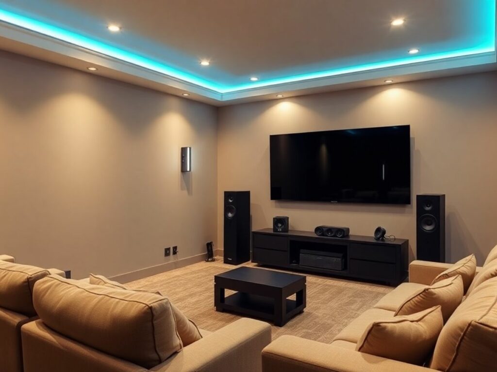 Imagem de um home theater com caixas sem fio.