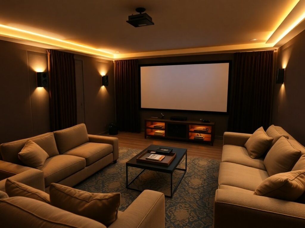 sala de cinema em casa com sofá e tela grande