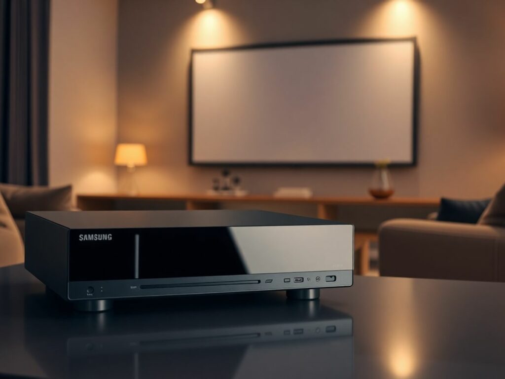 Um reprodutor Blu-ray Samsung em um home theater moderno.