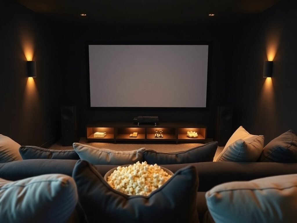 sala de cinema em casa com sofá e tela grande