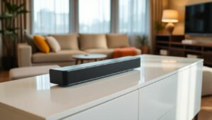 LG speaker bar in a stylish modern living room.